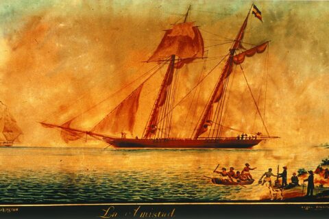 Contemporary painting of the sailing vessel La Amistad off Culloden Point, Long Island.