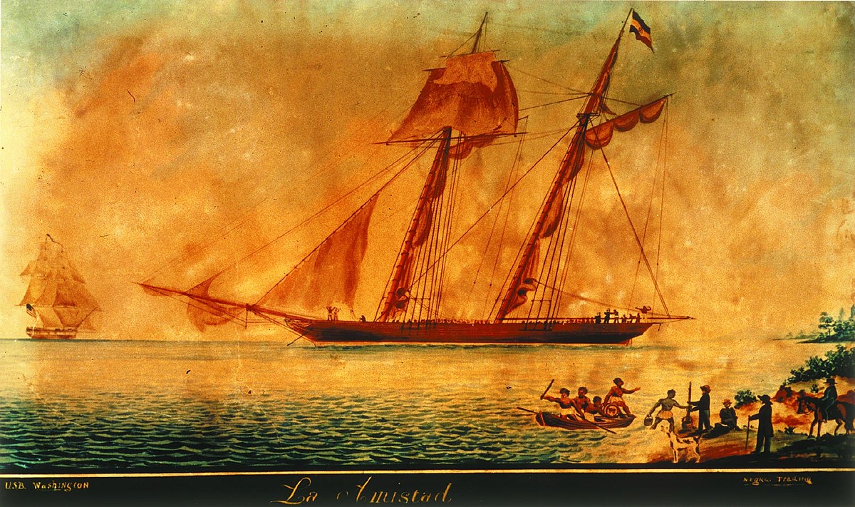 Contemporary painting of the sailing vessel La Amistad off Culloden Point, Long Island.