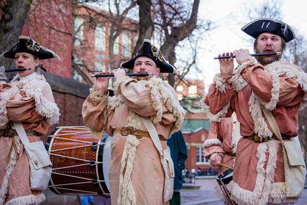 Colonial militia perform outside the Old North Church before the 242nd Lantern Ceremony