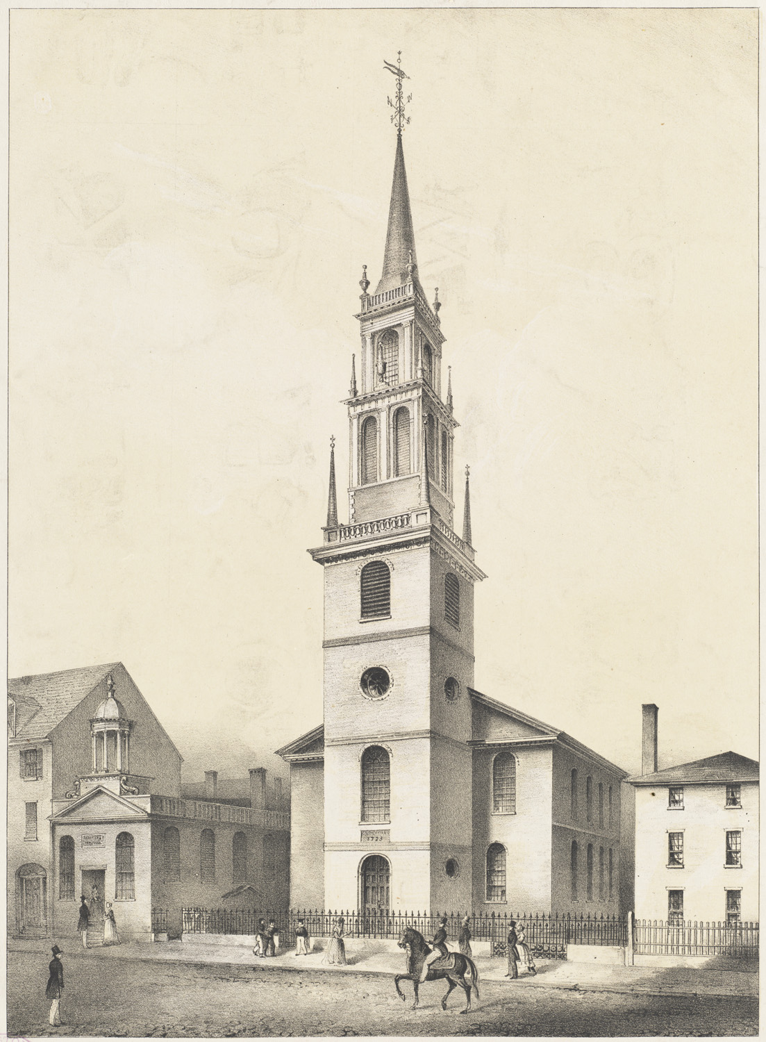 A historic print depicting Old North’s first steeple.