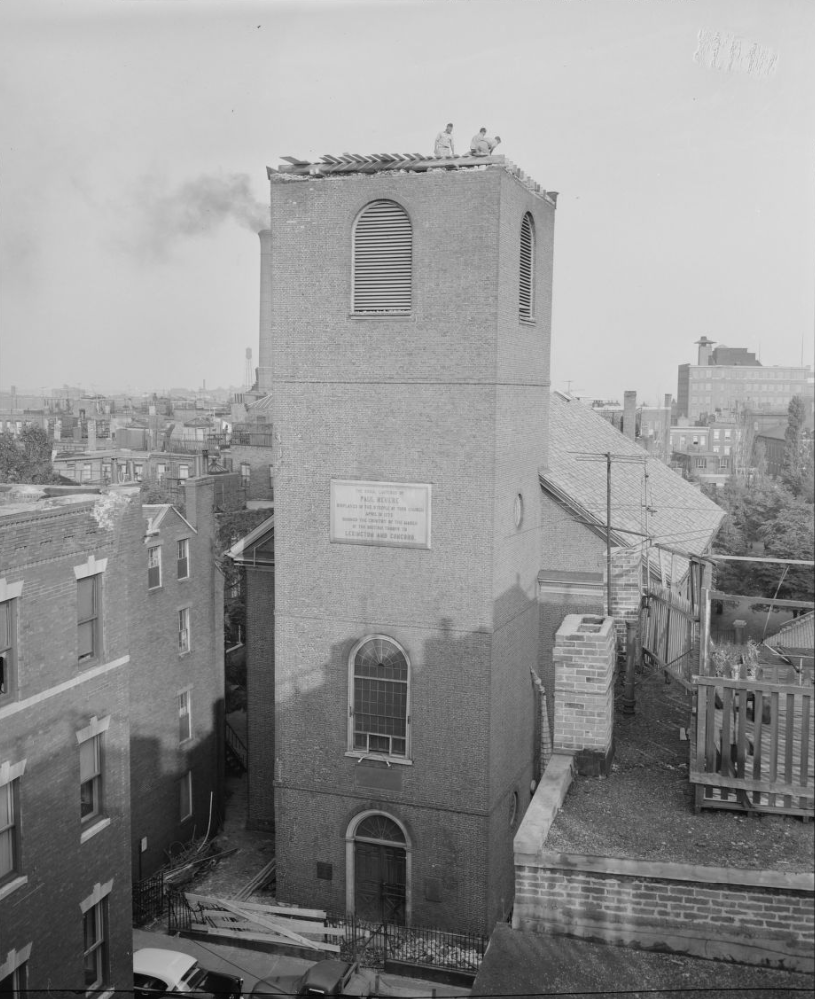 Old North Church without its steeple after Hurricane Carol.