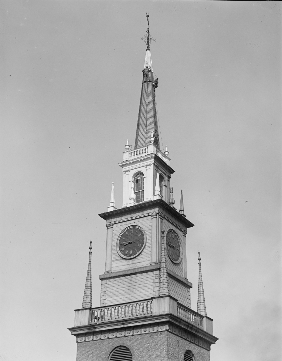 Steeplejacks working on Old North's second steeple. 