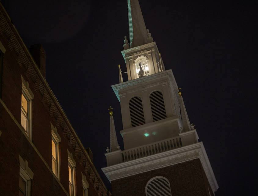 Two lanterns lit in the steeple for Patriots Day.