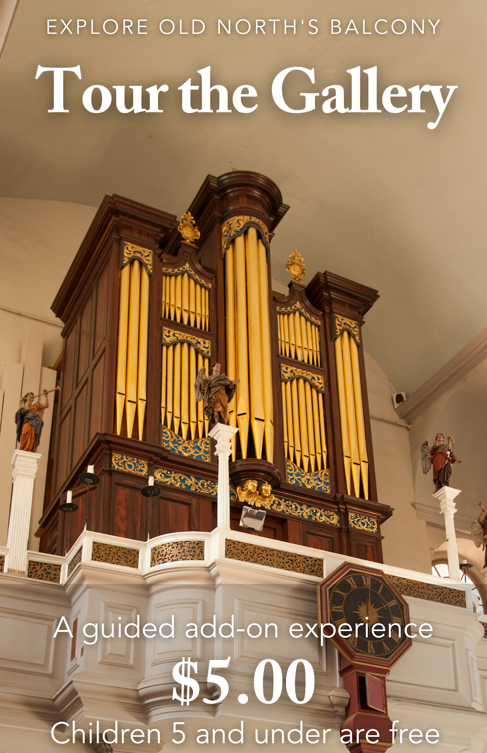 A photo of Old North Church's pipe organ and information about touring the gallery.