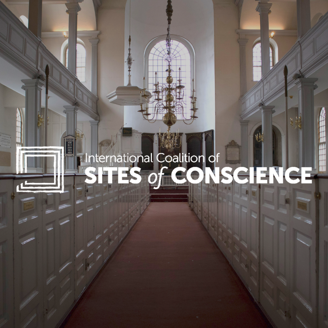 The logo for the International Coalition of Sites of Conscience over a photo of the Old North Church's sanctuary.