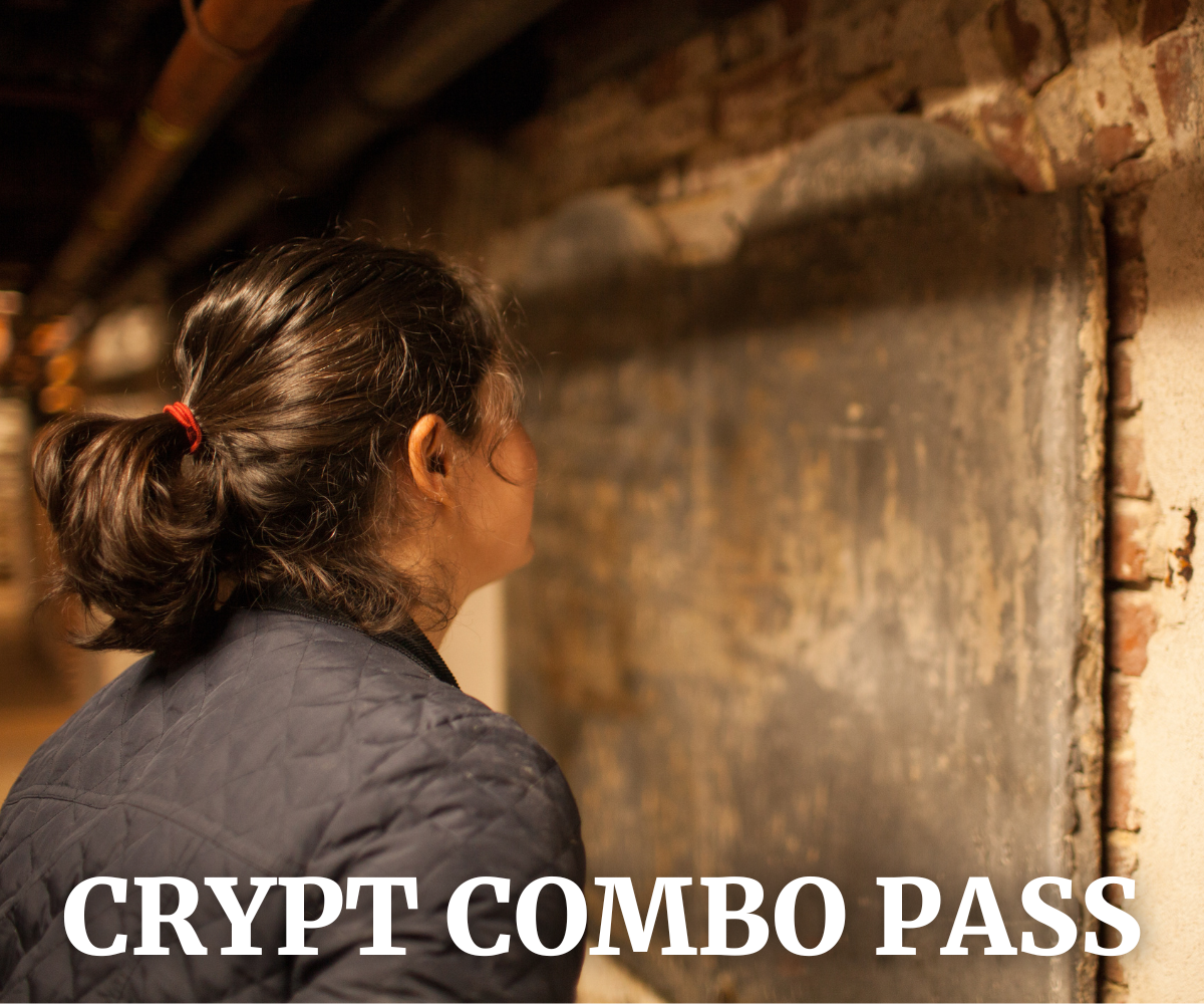 Photo of a young woman exploring Old North Church's crypt, with the text CRYPT COMBO PASS.