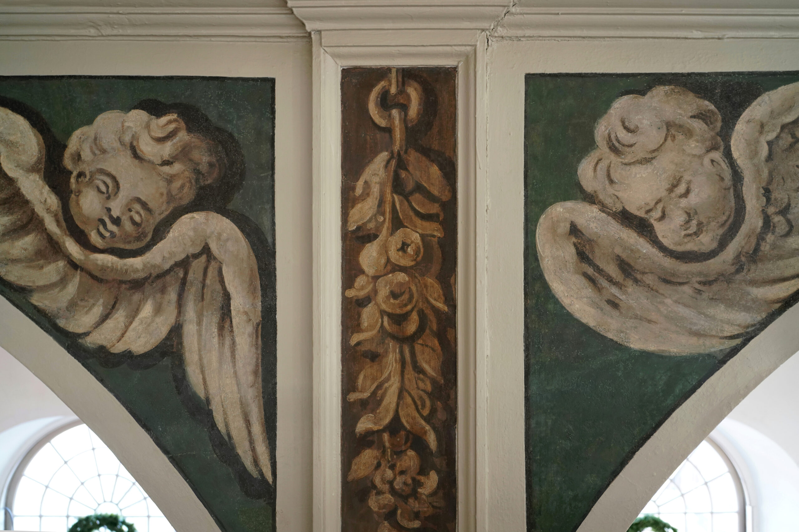 Newly restored angels and festoons in Old North Church's balcony arches. 